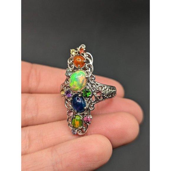 Sterling Silver 925 Multicolor Gemstone Opal Cocktail Statement Ring Size 8 - Picture 6 of 12